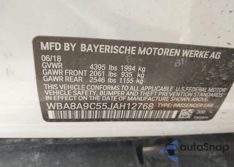 2018 BMW 320I из США, поврежденный, VIN WBA8A9C55JAH12768